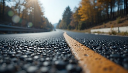 Asphalt road with a yellow dividing line stretches into the distance with autumn foliage scenery.