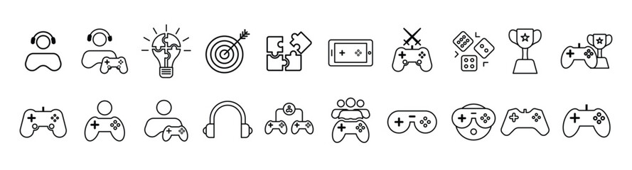 Line art icons of gaming controller headset target trophy lightbulb dice tablet sword puzzle group play