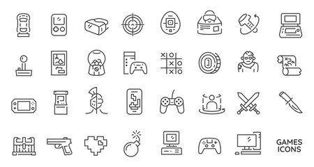 Outlinestyle icons of arcade machines handheld consoles joysticks swords and other elements related to video games © Neko funny