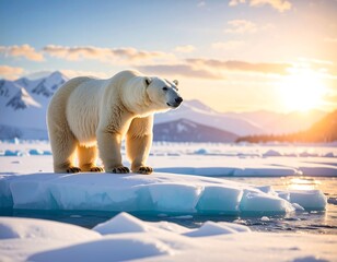 Polar bear on icy landscape at sunset