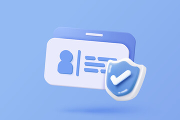 3d business card icon for present branding, corporate identity, advertising contact with shield protection. Card human resources, staff company. 3d identity security icon vector render illustration