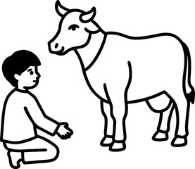 A young boy kneels to observe a cow a simple black and white illustration