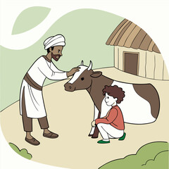 Man and boy in traditional attire with a cow in a rural setting vector illustration