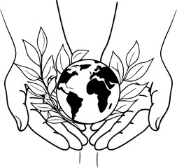 Protecting earth concept with hands holding globe and leaves in eco friendly illustration