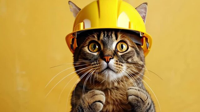 A humorous video of a cat dressed as a builder, sporting a bright yellow helmet. The vibrant yellow background enhances the playful theme, perfect for lighthearted or humorous content.