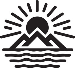 Fototapeta premium Depicts a stylized black and white icon featuring a sun rising or setting over mountains with a body of water in the foreground