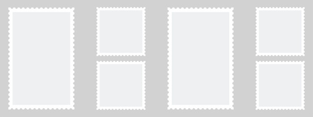 Set of postage stamps. Post stamp frame and border. Grey square and rectangular template for mail, postcard, letter. Jagged wavy edge forms. Vintage for poster, banner, badge, sticker - Stock Vector
