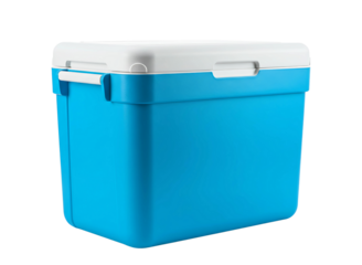 Blue plastic cooler box open isolated on transparent background