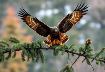 Fototapeta premium Majestic Eagle, Wings Spread Wide, Landing on Branch