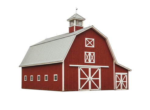 Classic red barn with gable roof isolated on transparent background