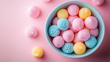 Obraz premium Delicious pastel meringues in a bowl sweet treats pink background egg blue food.