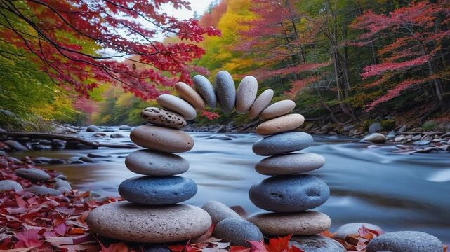 Smooth stones stacked by a tranquil stream, water flowing gently and leaves drifting &mdash; zen relaxation loop in 4K.