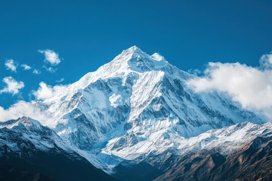 Majestic snow-capped mountain peaks surrounded by clear blue skies and wispy clouds create an awe-inspiring nature vista in the Himalayas during midday