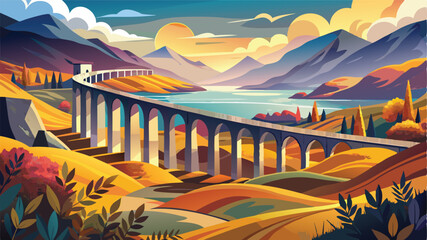 Scenic summer landscape featuring a bridge over a calm river or lake, reflecting the green forest and majestic mountains under the sky © Nayeem Sheikh