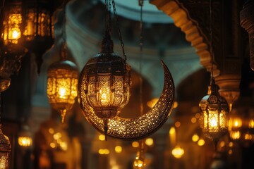 Moroccan lanterns and half moon decorations illuminate a vibrant marketplace during the evening hours