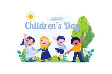 Happy children's day background poster with happy kids vector illustration