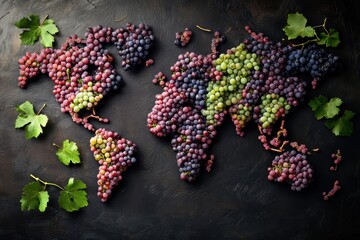 World map creatively arranged with various grapes showcasing unique colors and shapes representing different regions and landscapes