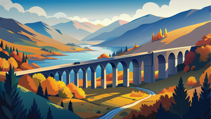 Scenic summer landscape featuring a bridge over a calm river or lake, reflecting the green forest and majestic mountains under the sky © Nayeem Sheikh