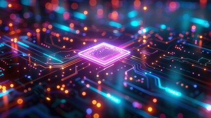 The illustration depicts a detailed computer circuit board, glowing with vibrant neon colors, and a central processor.