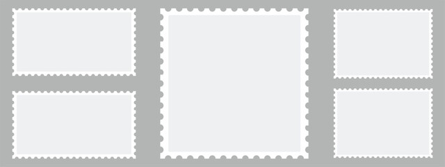 Postage stamp set. Mockup postage stamps with shadow. Blank postage stamp borders template collection. Realistic trendy post stamps set - vector stock 