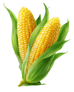 Two Ripe Yellow Corn Cobs with Green Husks on Transparent Background, PNG