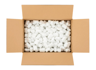 Open cardboard box filled with packing peanuts isolated on transparent background