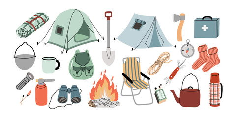 Flat vector illustration featuring a colorful set of isolated camping gear and outdoor items. Perfect for travel and adventure designs.