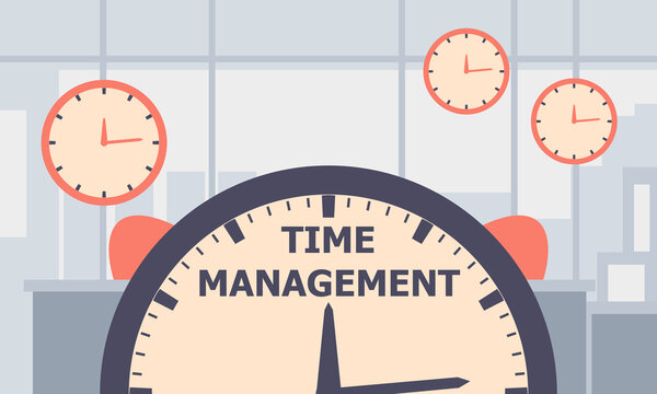 Vector illustration of clocks in an office setting emphasizing time management, productivity, planning, and efficient work habits.