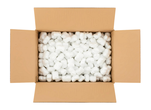 Open cardboard box filled with packing peanuts isolated on transparent background