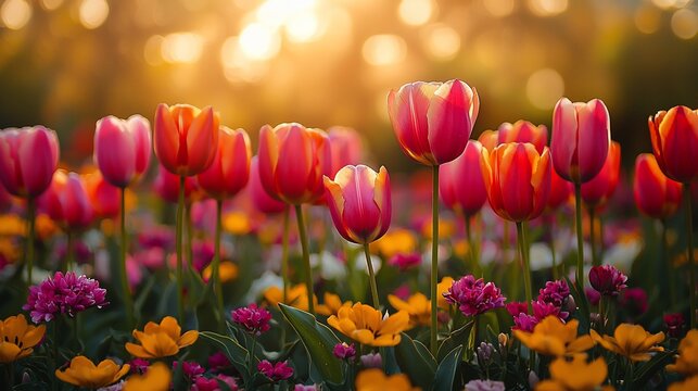 A vibrant field with red, pink and orange tulips, flowers under a golden sunlight