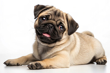 Obraz premium Pug puppy lying isolated on transparent background