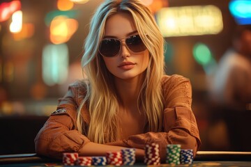 Beautiful blonde woman at casino table, female professional poker player in sunglasses, gambling with chips and cards