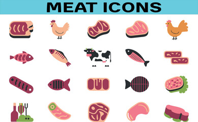 Colorful vector icons of various meat cuts and poultry elements for culinary and food designs