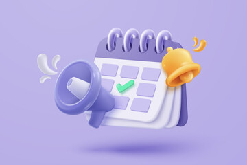 3d calendar icon signs with notice for important reminder. Calendar with megaphone or emergency notifications speaker loud concept. 3d schedule alarm warning icon vector render illustration