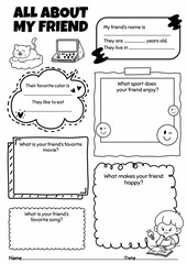 All About My Friend, My Classmate Worksheets for Grades 2-6, Back to School Activity, Creative Writing Prompt Template, Icebreaking Activity