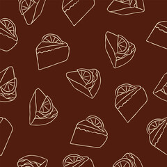 Cake Slice Seamless Pattern on Dark Brown Background.