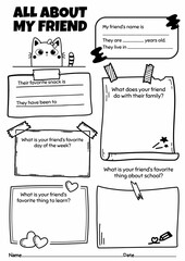 All About My Friend, My Classmate Worksheets for Grades 2-6, Back to School Activity, Creative Writing Prompt Template, Icebreaking Activity