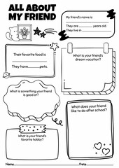All About My Friend, My Classmate Worksheets for Grades 2-6, Back to School Activity, Creative Writing Prompt Template, Icebreaking Activity