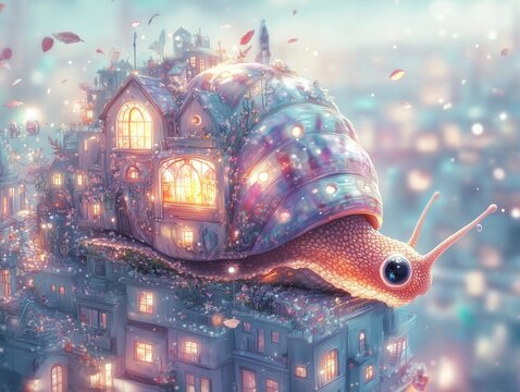 Dreamy Giant Snail in a Tiny Pastel City