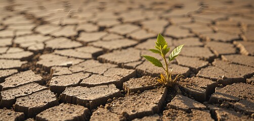 Small green plant grows out of cracked, dry earth, representing hope and life in a barren landscape.
