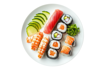 Assorted sushi set including nigiri, maki, and rolls arranged on white plate isolated on white transparent background, showcasing Japanese cuisine variety
