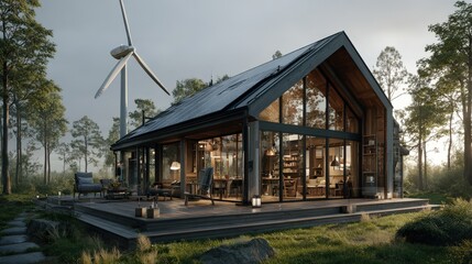 Obraz premium A charming house with a wind turbine standing proudly in the background against a bright sky and open fields