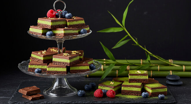 Matcha Nanaimo Bars on Elegant Tiered Stand with Berries and Bamboo