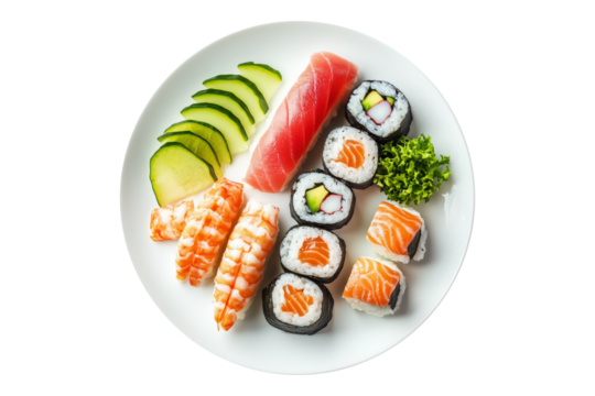 Assorted sushi set including nigiri, maki, and rolls arranged on white plate isolated on white transparent background, showcasing Japanese cuisine variety - Powered by Adobe