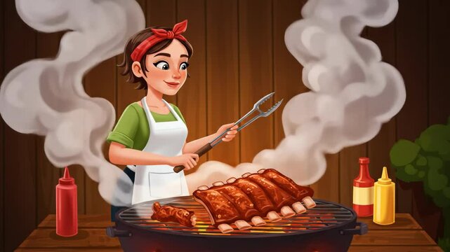 Animated Woman Grilling Ribs Cartoon Style