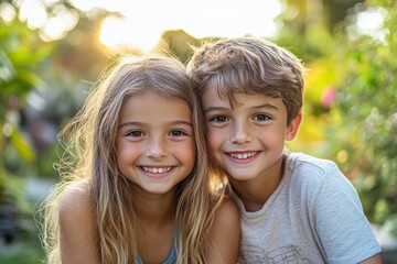 Girl, boy and portrait in family, smile and happy siblings in home backyard, garden and hug together. Kids, brother and sister with love, bonding and care in summer sunshine, outdoor and