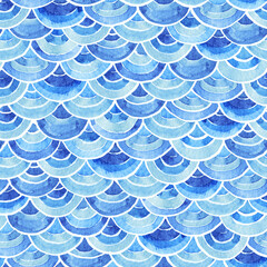 Abstract wallpaper with scales. Blue half-circular pattern. Watercolor hand drawn Background and wallpaper red design style.