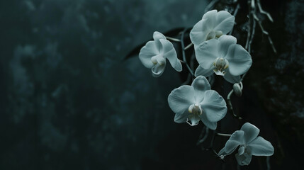 Delicate white orchids dark moody background elegant floral nature photography