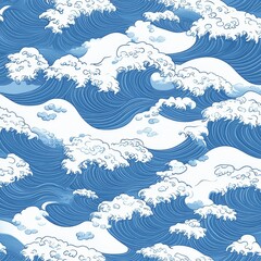 Japanese traditional blue ocean wave seamless pattern with line for textile, card, poster, wallpaper, png with white background