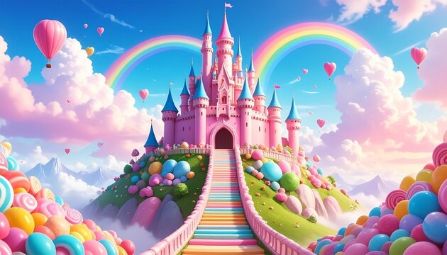 Illustration of magical candy land. Pink castle on a mountain of sweets. Rainbow stairs lead to the palace. Cute fantasy background with balloons, heart shapes. 